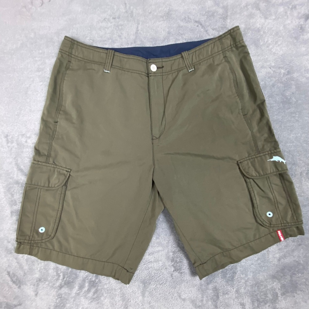 Tommy Bahama Mens 36 Cargo Shorts Olive Green Relax Cotton Blend Marlin Logo